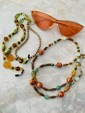 SunGlass Leashes with Green, Amber Stone and Glass Beads